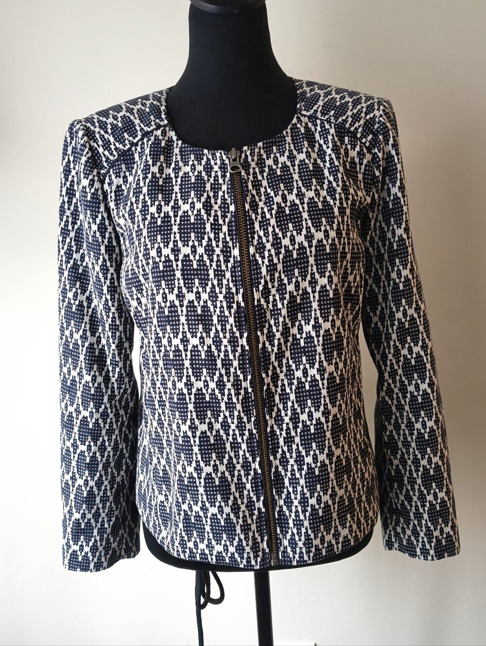 J.Crew Blue White Geometric Jacquard Zip Moto Jacket Size small